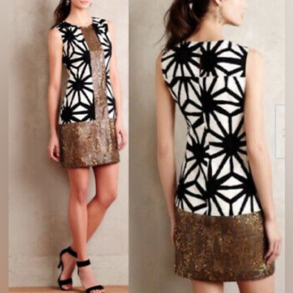 Anthropologie Tabitha Abstract Print Gold Sequin Sleeveless Shift Dress Sz 6 - Picture 8 of 8
